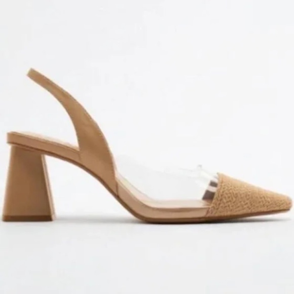 Zara rattan acrylic slingback block heels